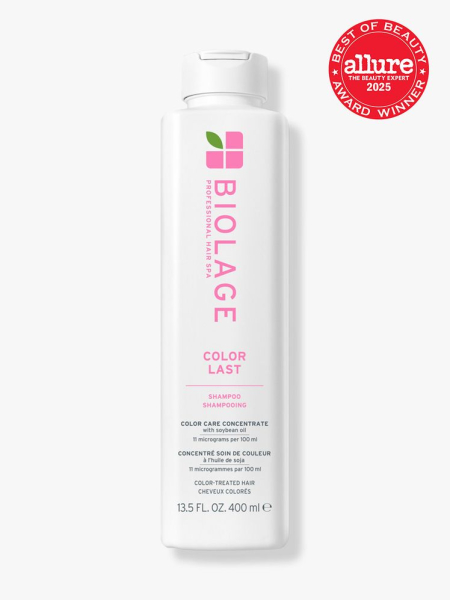Biolage Professional Hair Spa Color Last Shampoo white bottle with pink text on light gray background with red Allure Best of Beauty seal in the top right corner