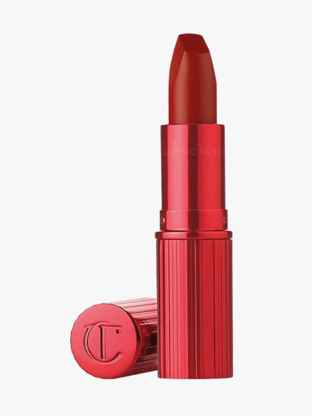 Charlotte Tilbury Matte Revolution Long Lasting Matte Lipstick in branded component on a light gray background
